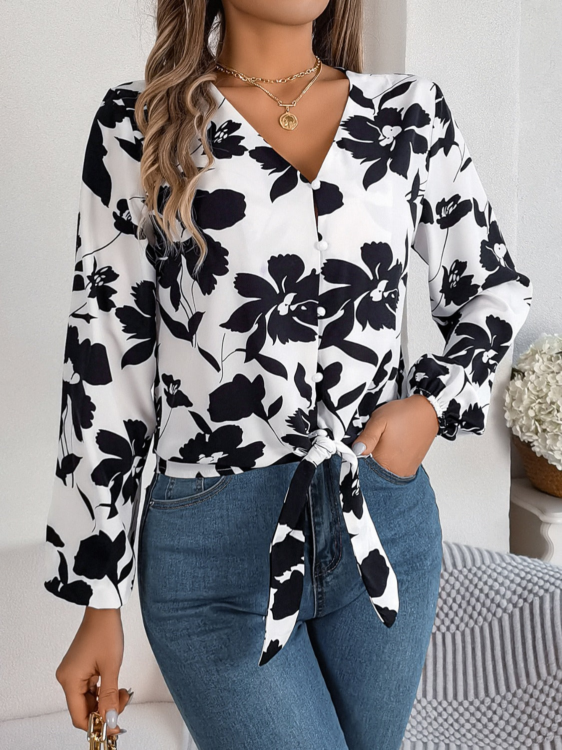 Printed V-Neck Long Sleeve Blouse - RebelReine Apparel & Co.