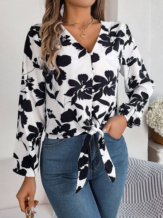 Printed V-Neck Long Sleeve Blouse - RebelReine Apparel & Co.