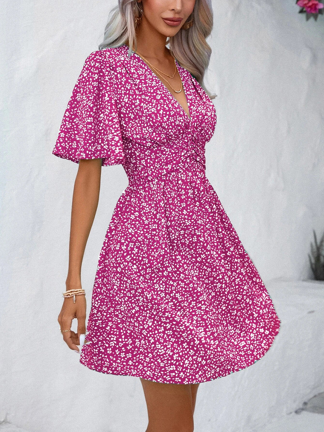 Printed V-Neck Half Sleeve Mini Dress - RebelReine Apparel & Co.