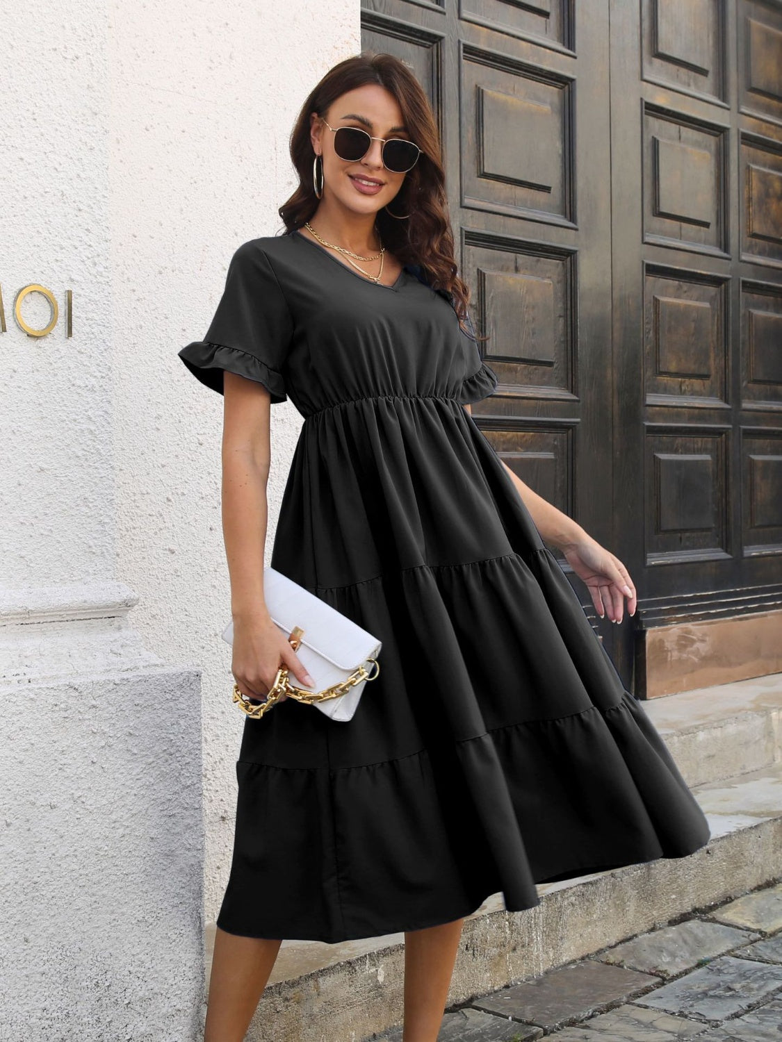 V-Neck Short Sleeve Midi Dress - RebelReine Apparel & Co.