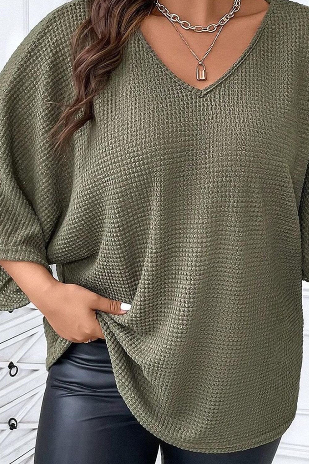 Plus Size Waffle-Knit V-Neck Blouse Trendsi