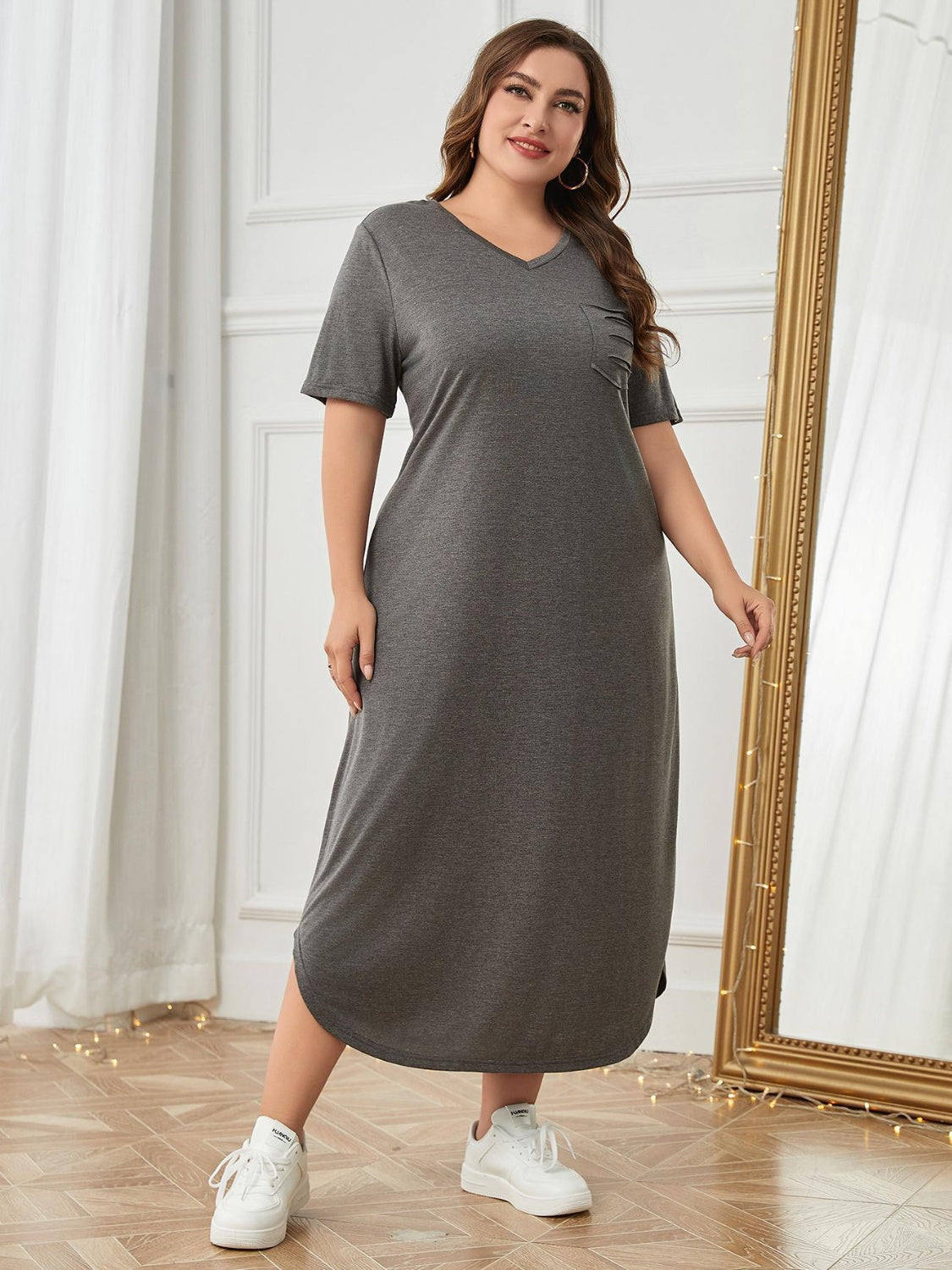 Plus Size Pocketed V-Neck Short Sleeve Lounge Dress - RebelReine Apparel & Co.