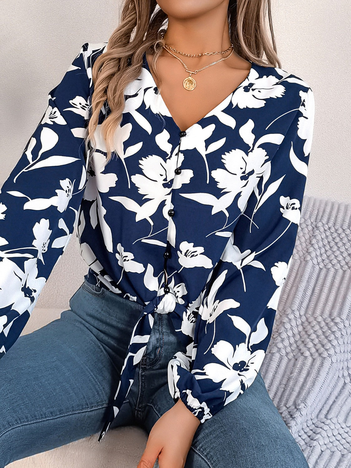 Printed V-Neck Long Sleeve Blouse - RebelReine Apparel & Co.