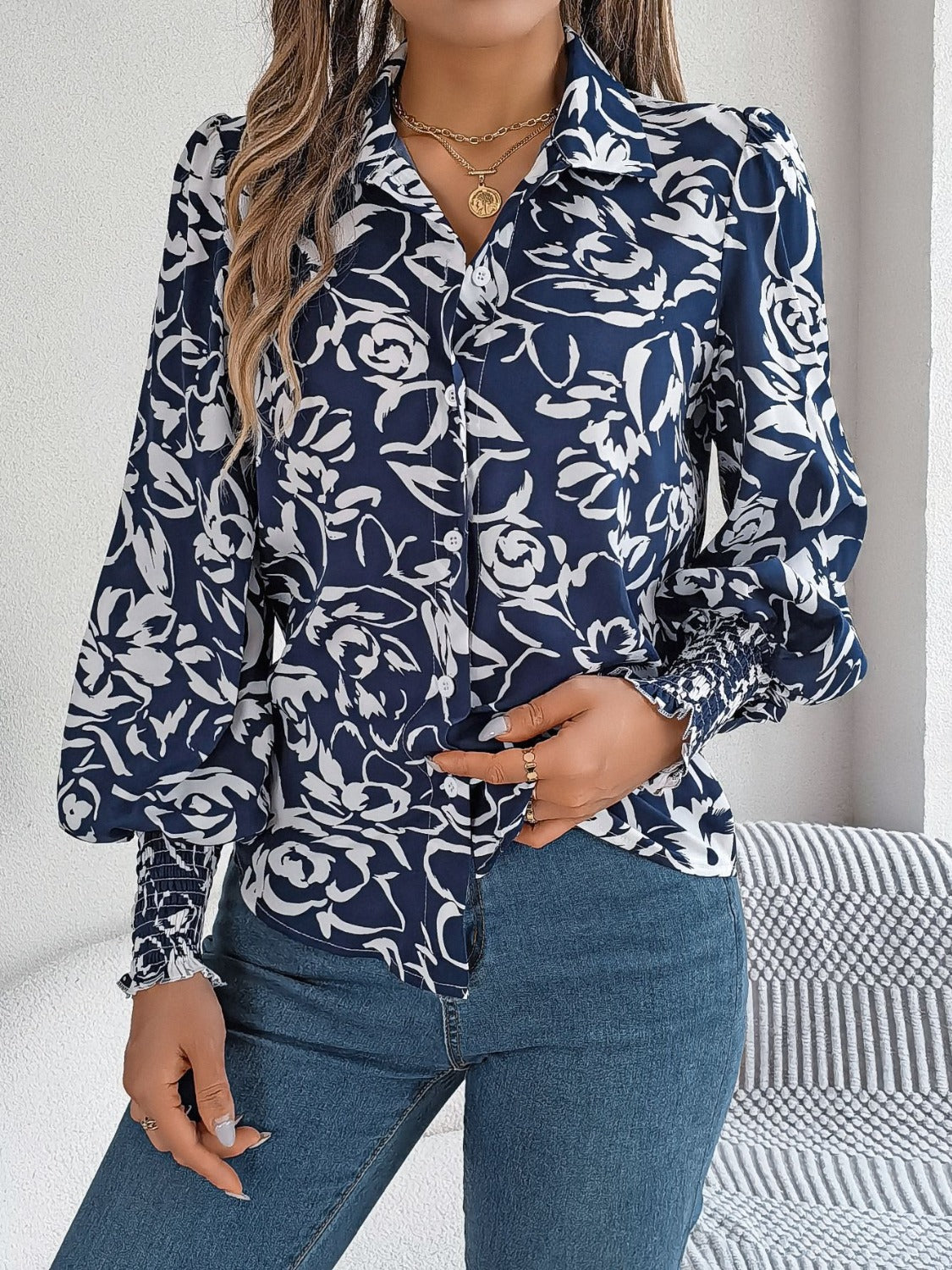 Printed Collared Neck Lantern Sleeve Shirt - RebelReine Apparel & Co.