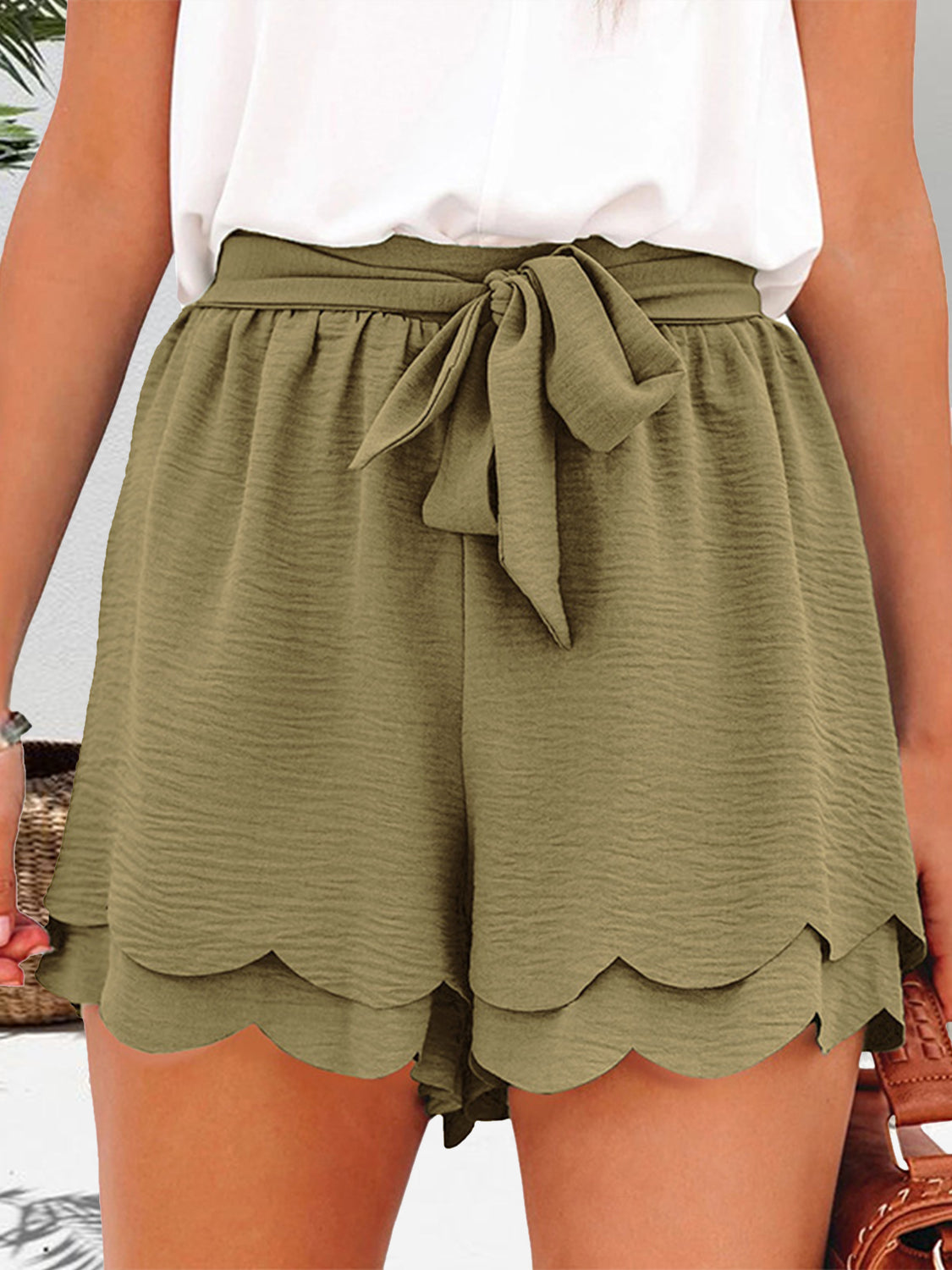 Tied Layered Scalloped Hem Shorts - RebelReine Apparel & Co.