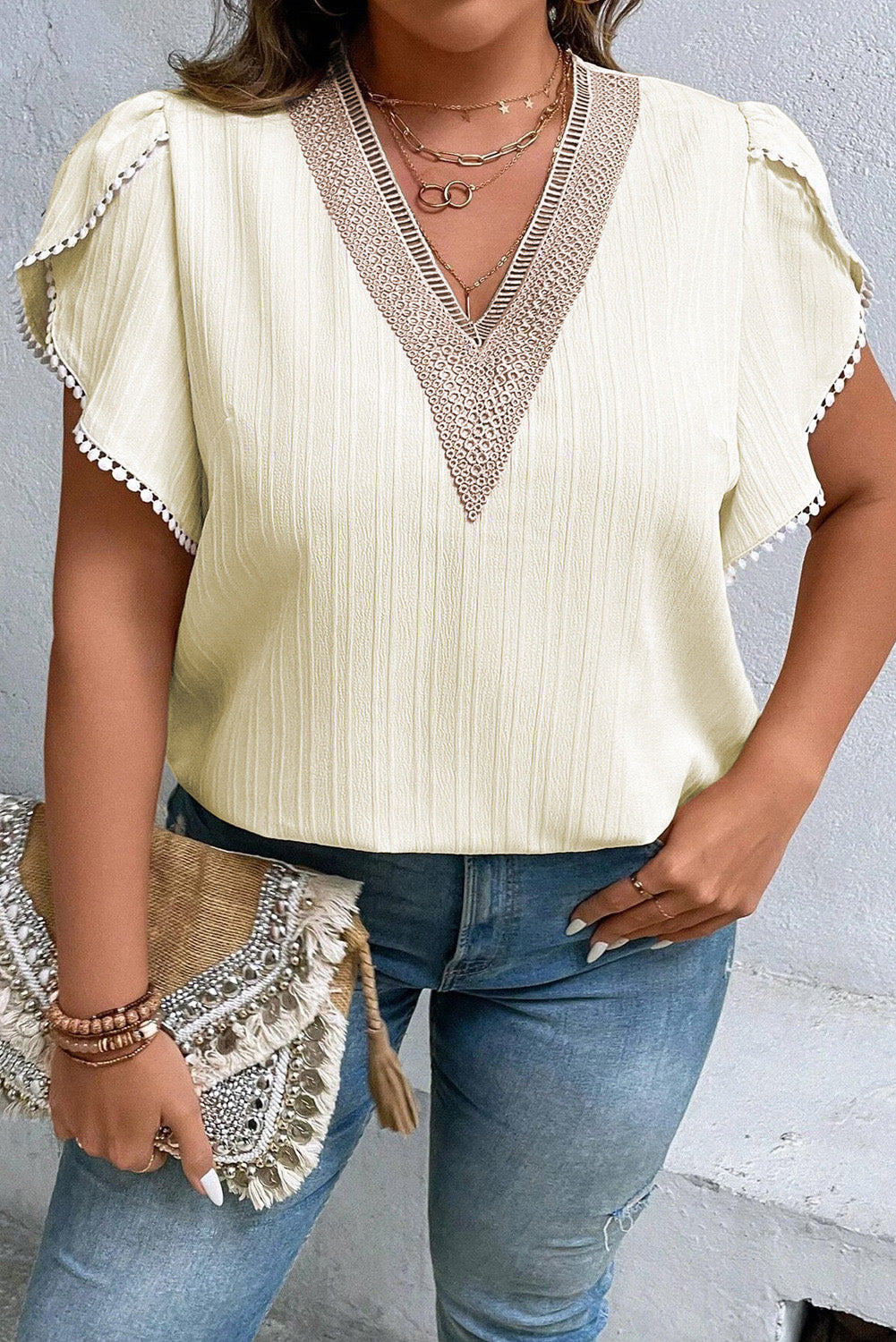 Plus Size V-Neck Petal Sleeve Blouse - RebelReine Apparel & Co.