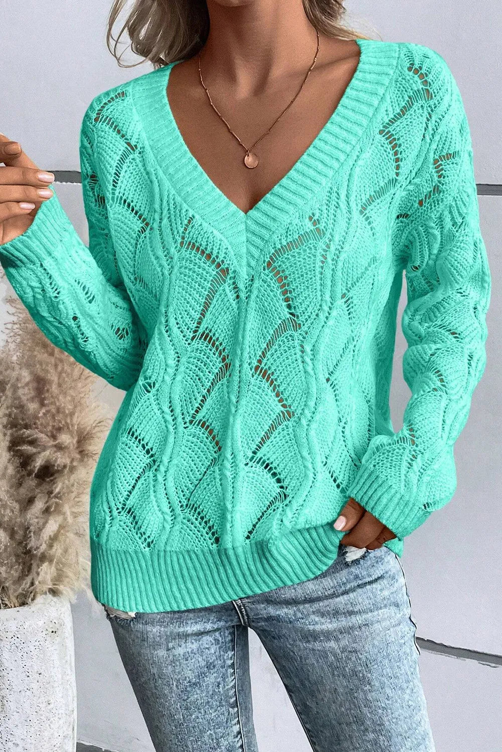 Openwork V-Neck Long Sleeve Sweater - RebelReine Apparel & Co.