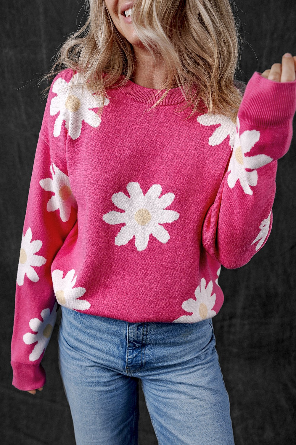 Daisy Round Neck Dropped Shoulder Sweater - RebelReine Apparel & Co.