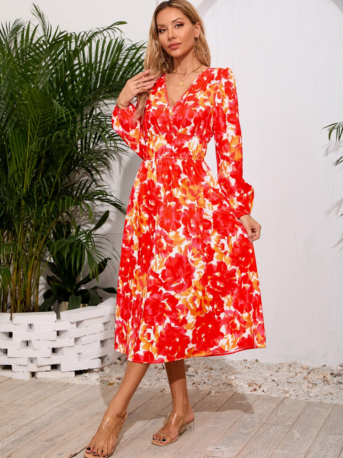 Printed Surplice Long Sleeve Midi Dress - RebelReine Apparel & Co.