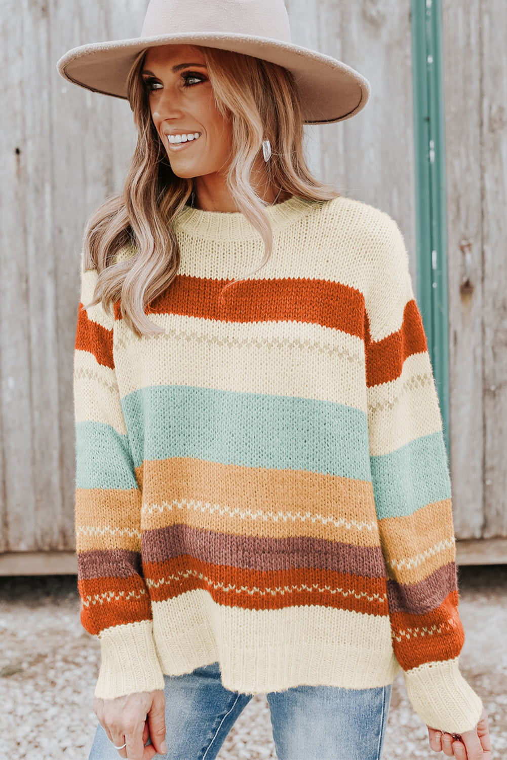 Crew Neck Drop-shoulder Striped Color Block Sweater - RebelReine Apparel & Co.