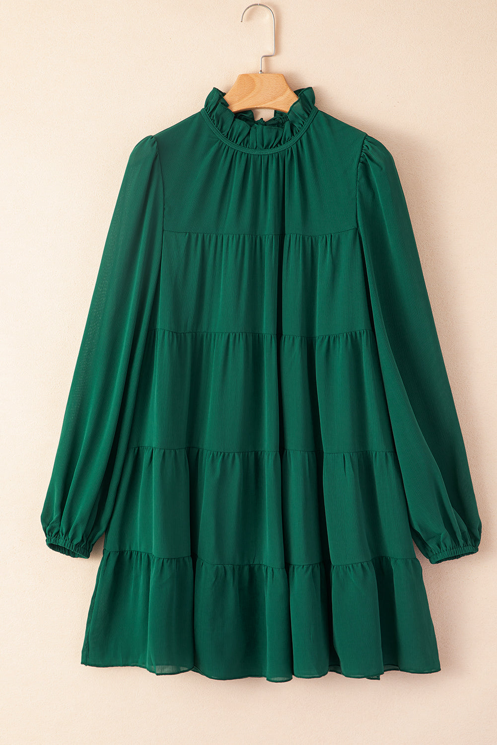 Green Puff Sleeve Mock Neck Back Knot Tiered Dress - RebelReine Apparel & Co.