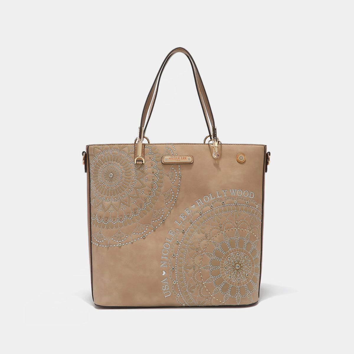 Nicole Lee USA Metallic Stitching Embroidery Inlaid Rhinestone Tote Bag - RebelReine Apparel & Co.