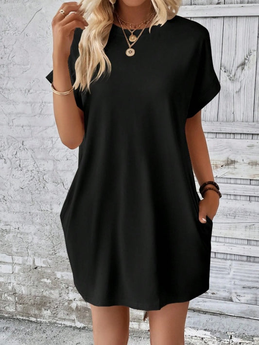 Pocketed Round Neck Short Sleeve Dress - RebelReine Apparel & Co.