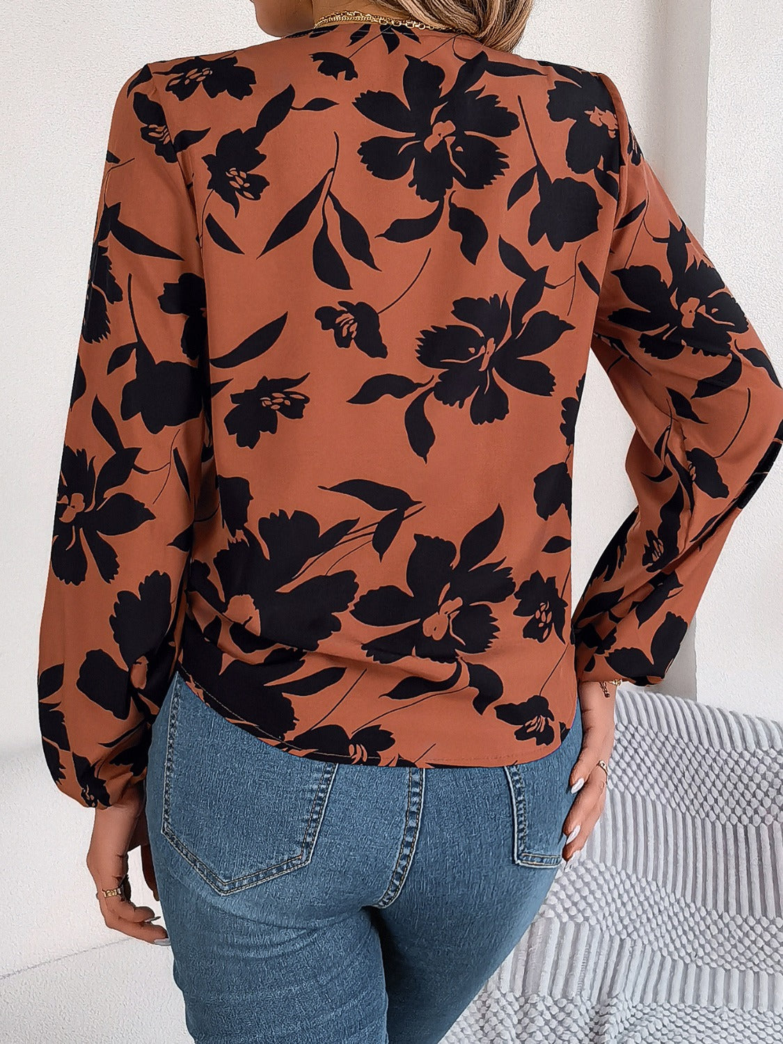 Printed V-Neck Long Sleeve Blouse - RebelReine Apparel & Co.