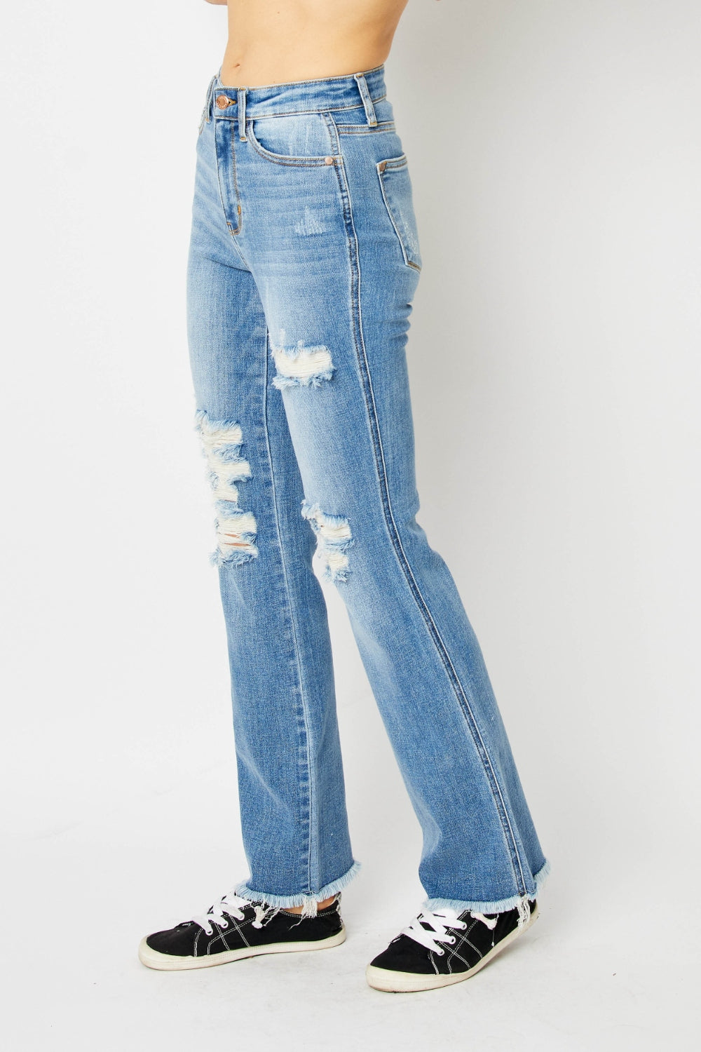 Judy Blue Full Size Distressed Raw Hem Bootcut Jeans - RebelReine Apparel & Co.