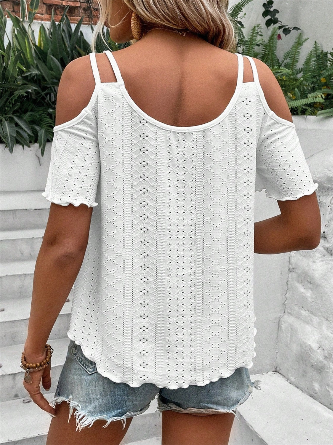 Eyelet Cold Shoulder Short Sleeve Blouse - RebelReine Apparel & Co.