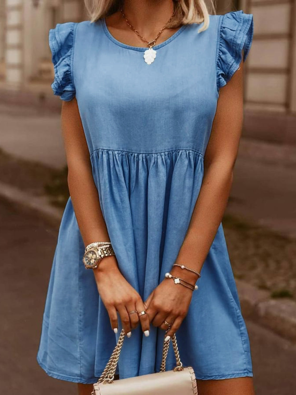 Full Size Ruffled Round Neck Cap Sleeve Denim Dress - RebelReine Apparel & Co.