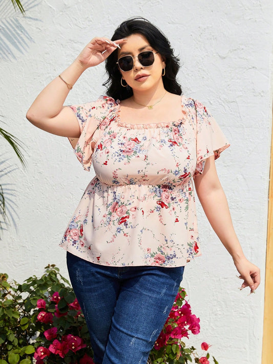 Plus Size Frill Printed Flutter Sleeve Blouse - RebelReine Apparel & Co.