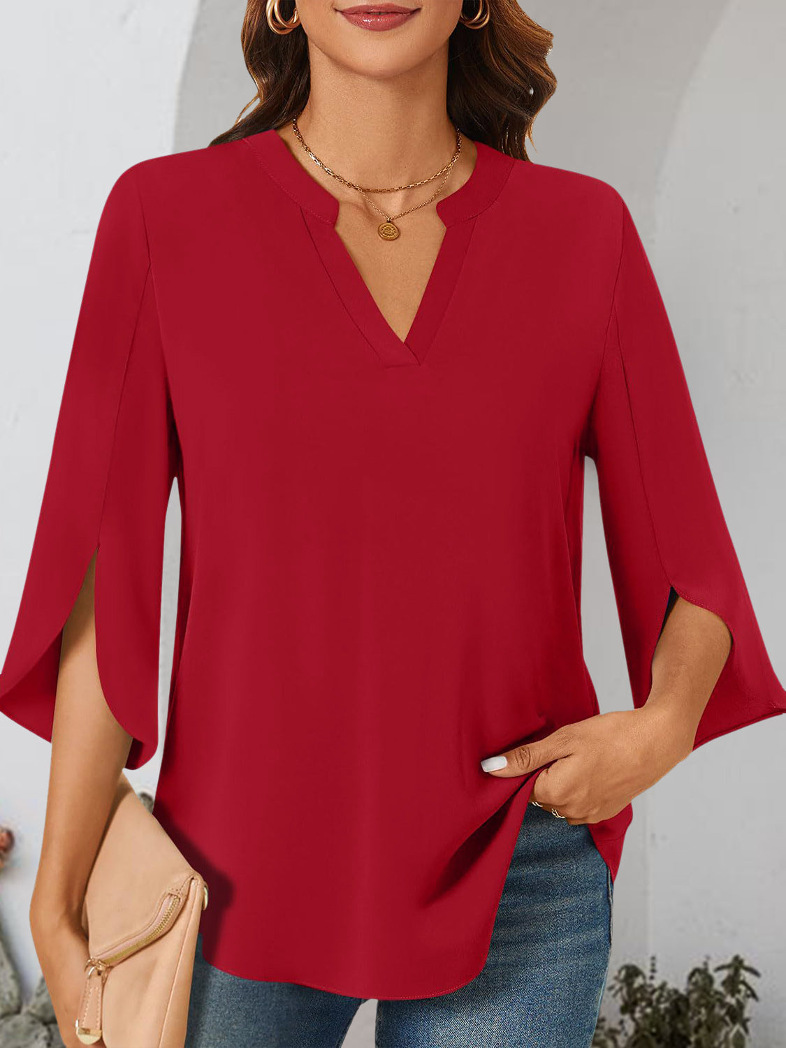 Notched Slit Half Sleeve Blouse - RebelReine Apparel & Co.