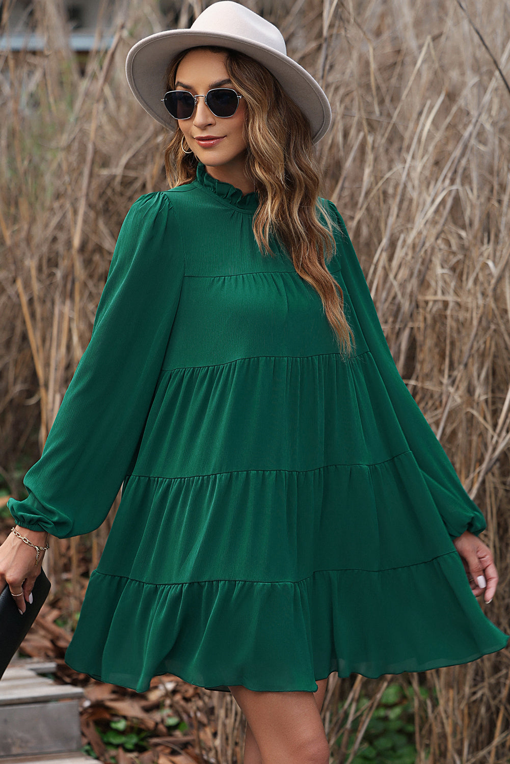 Green Puff Sleeve Mock Neck Back Knot Tiered Dress - RebelReine Apparel & Co.