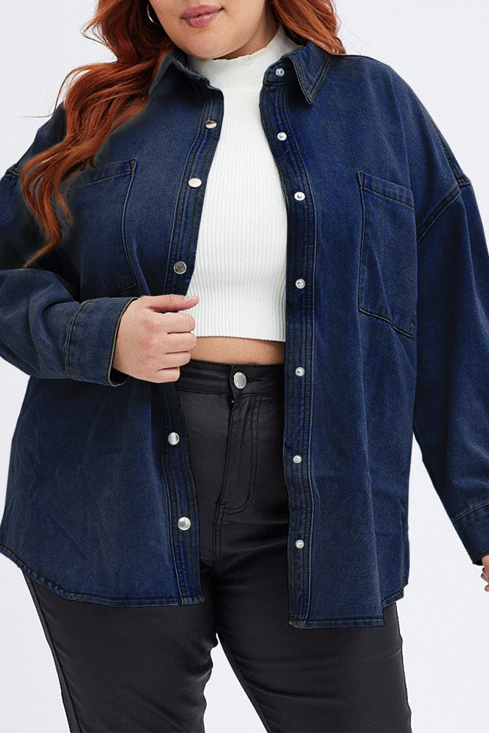 Plus Size Snap Down Pocketed Denim Jacket - RebelReine Apparel & Co.