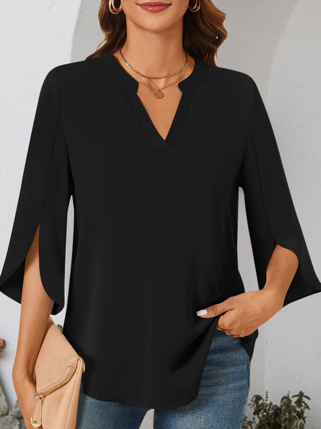 Notched Slit Half Sleeve Blouse - RebelReine Apparel & Co.