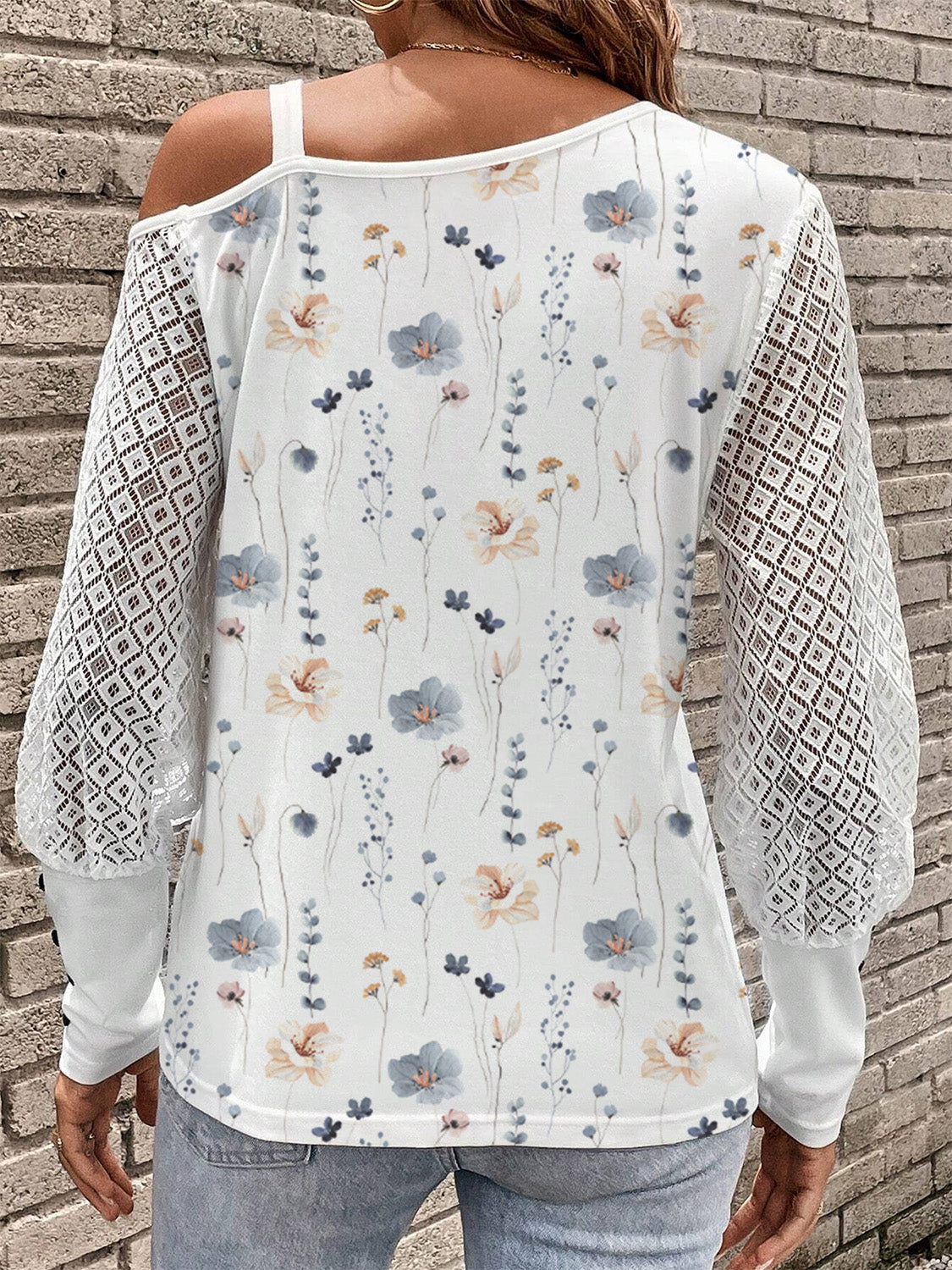 Printed Asymmetrical Neck Lantern Sleeve T-Shirt - RebelReine Apparel & Co.