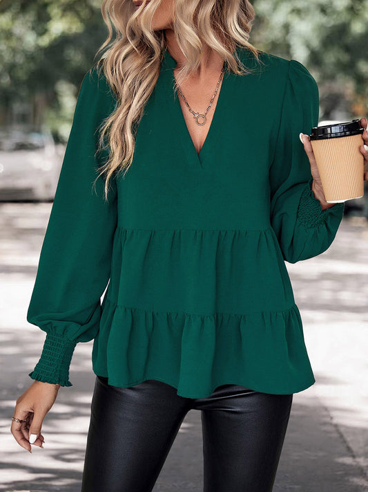 Notched Neck Lantern Sleeve Blouse - RebelReine Apparel & Co.