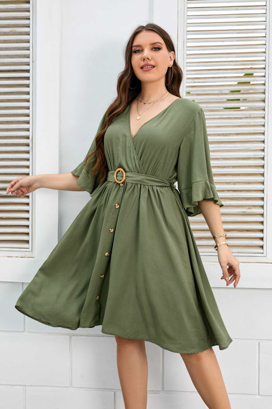 Plus Size Surplice Neck Half Sleeve Dress - RebelReine Apparel & Co.