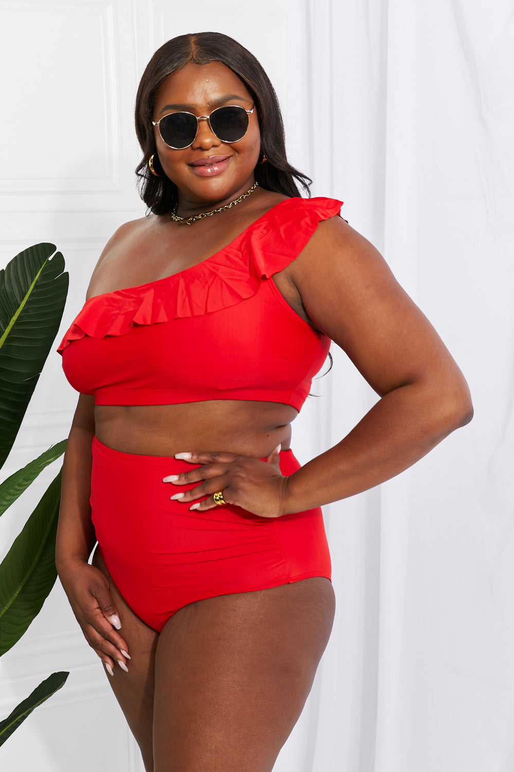 Marina West Swim Seaside Romance Ruffle One-Shoulder Bikini in Red - RebelReine Apparel & Co.