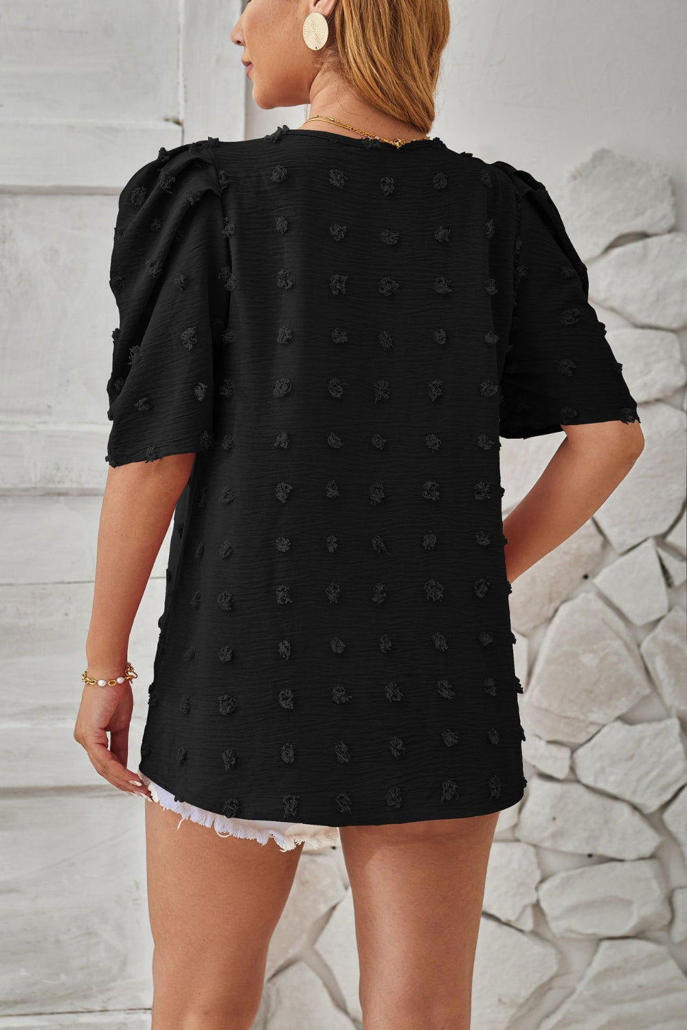 Swiss Dot Round Neck Short Sleeve Blouse - RebelReine Apparel & Co.