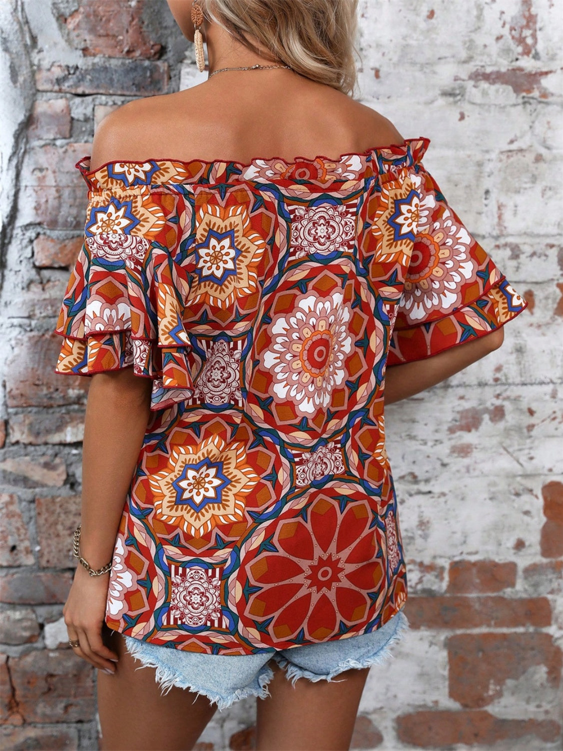 Printed Off-Shoulder Half Sleeve Blouse - RebelReine Apparel & Co.