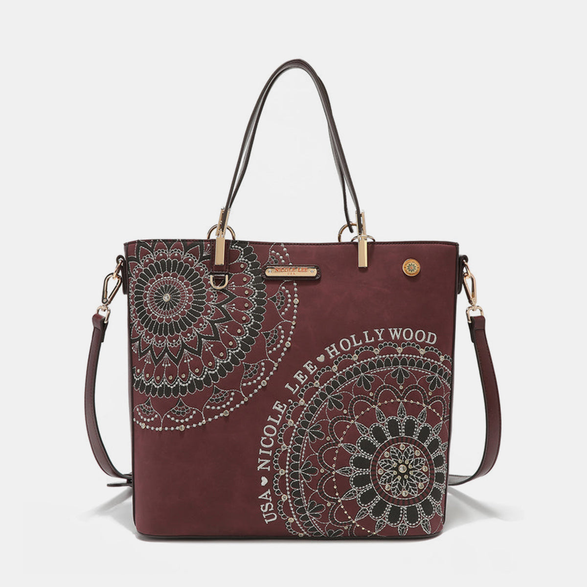 Nicole Lee USA Metallic Stitching Embroidery Inlaid Rhinestone Tote Bag - RebelReine Apparel & Co.