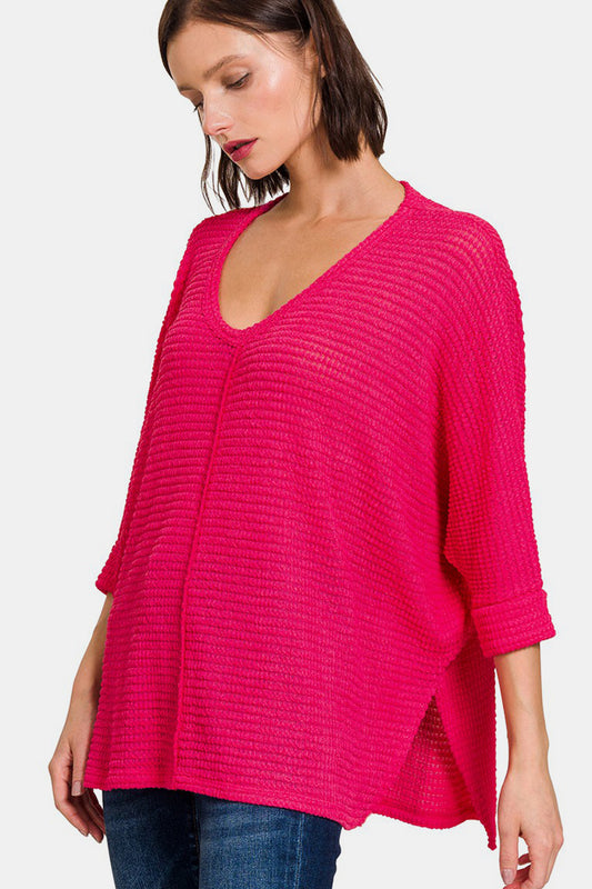 Zenana V-Neck High-Low Jacquard Knit Top - RebelReine Apparel & Co.