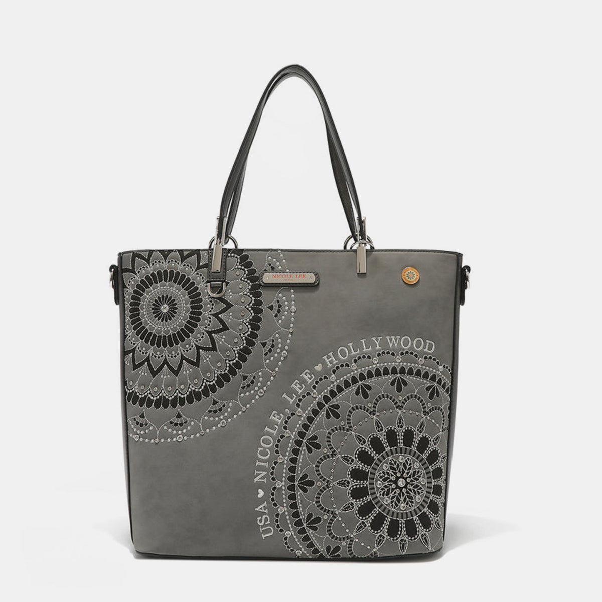 Nicole Lee USA Metallic Stitching Embroidery Inlaid Rhinestone Tote Bag - RebelReine Apparel & Co.