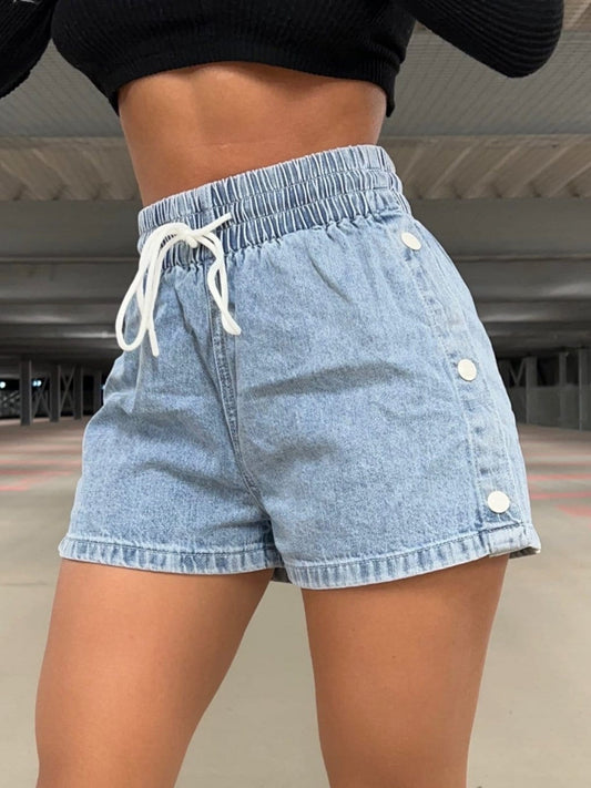 Drawstring High Waist Denim Shorts - RebelReine Apparel & Co.