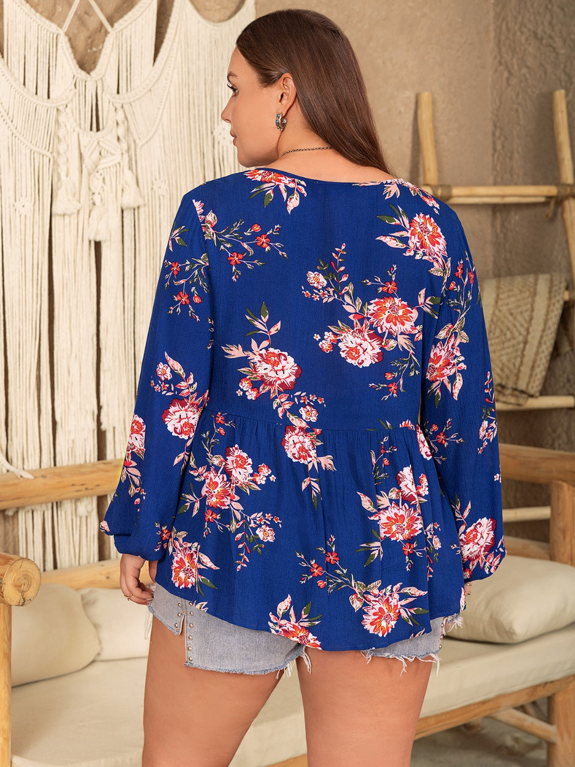 Plus Size Printed Tie Neck Balloon Sleeve Blouse - RebelReine Apparel & Co.