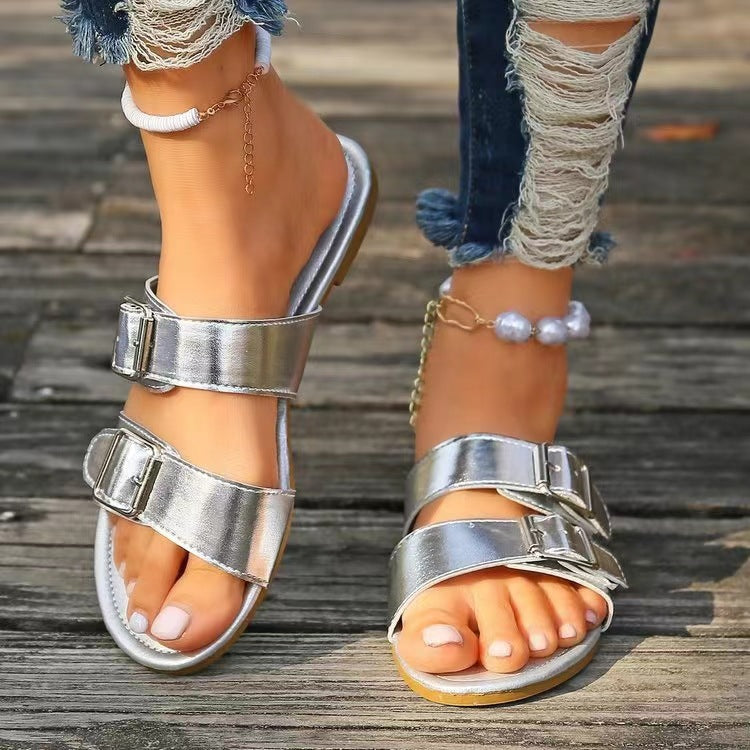 Open Toe Double Buckle Sandals - RebelReine Apparel & Co.