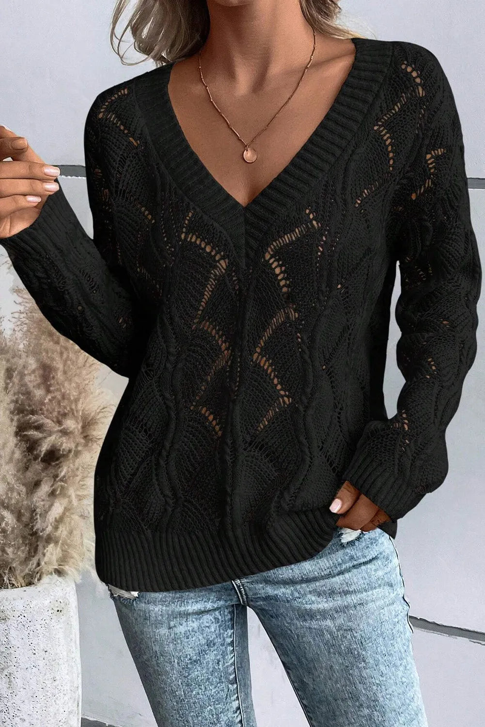 Openwork V-Neck Long Sleeve Sweater - RebelReine Apparel & Co.