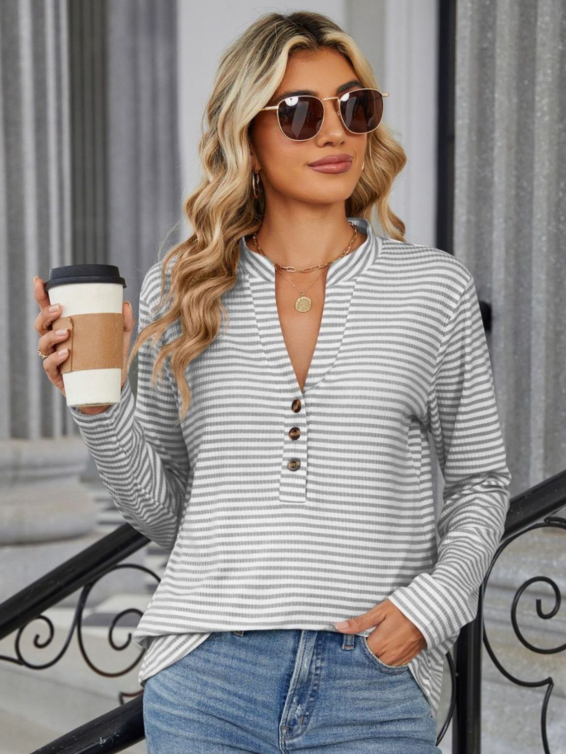 Striped Notched Long Sleeve T-Shirt