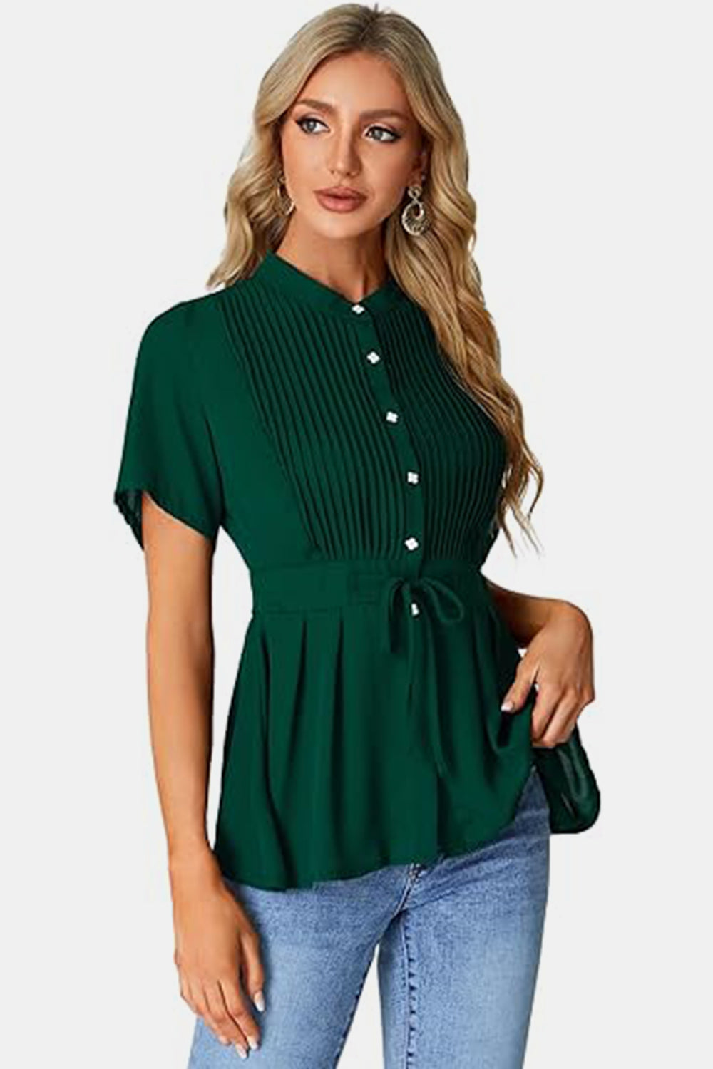 Tied Round Neck Short Sleeve Blouse - RebelReine Apparel & Co.