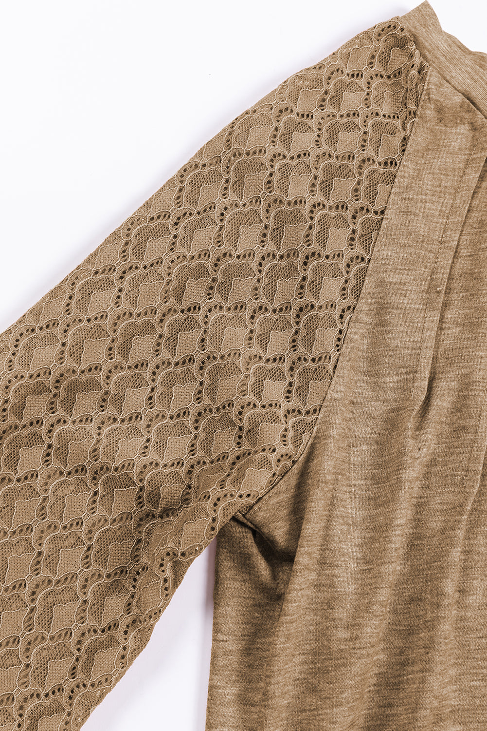 Light French Beige Contrast Lace Raglan Sleeve Plicate Round Neck Top - RebelReine Apparel & Co.