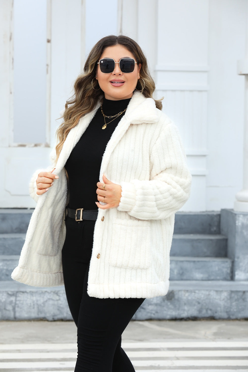 Plus Size Collared Neck Button Down Fuzzy Outerwear