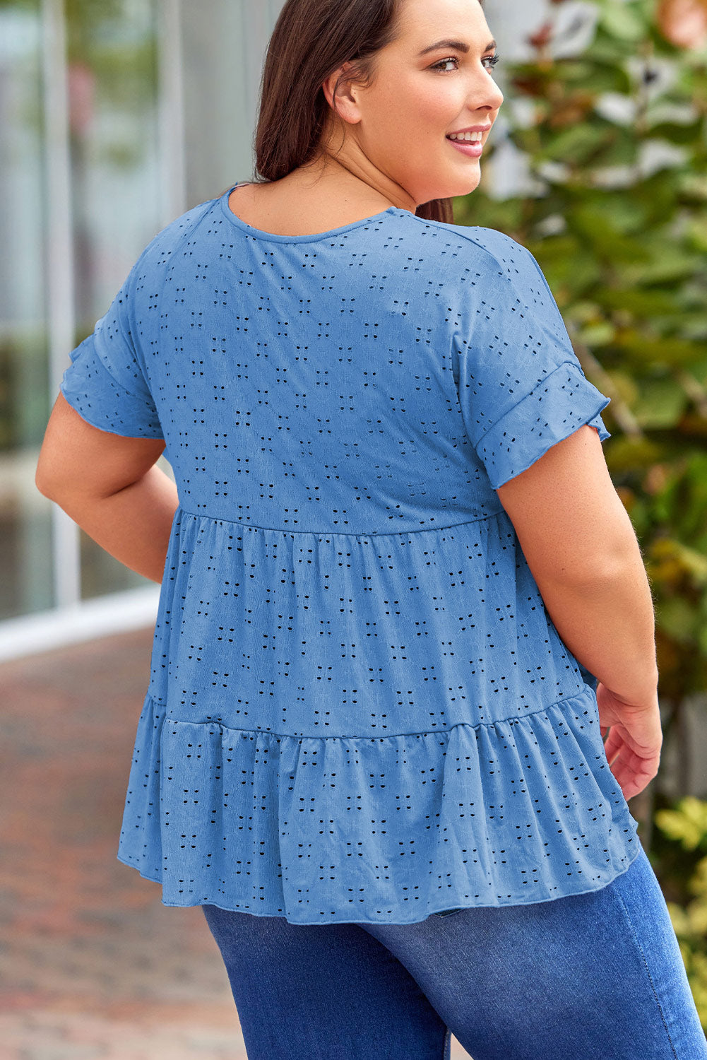 Plus Size Eyelet Round Neck Short Sleeve Blouse - RebelReine Apparel & Co.