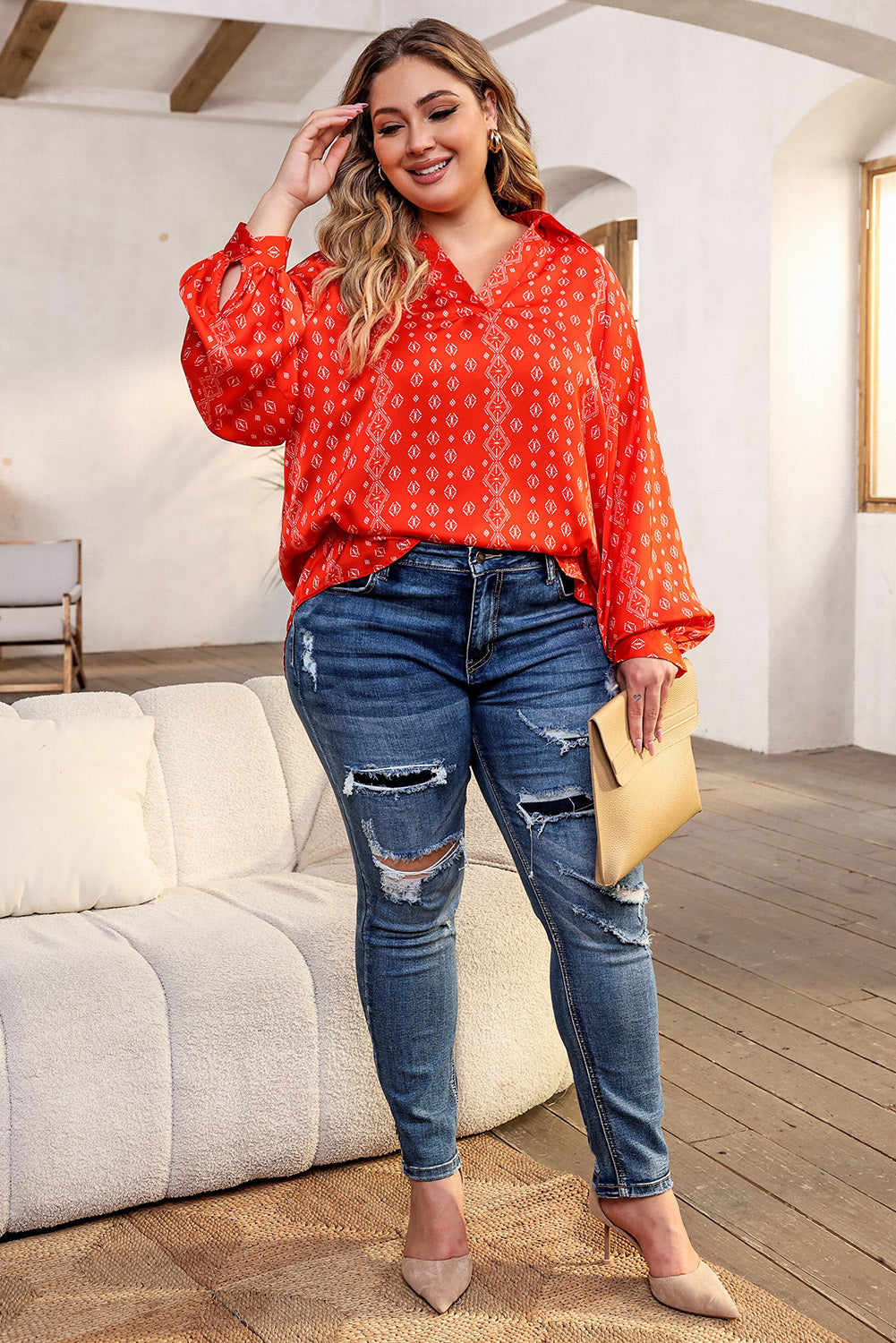 Plus Size Printed Johnny Collar Long Sleeve Blouse - RebelReine Apparel & Co.