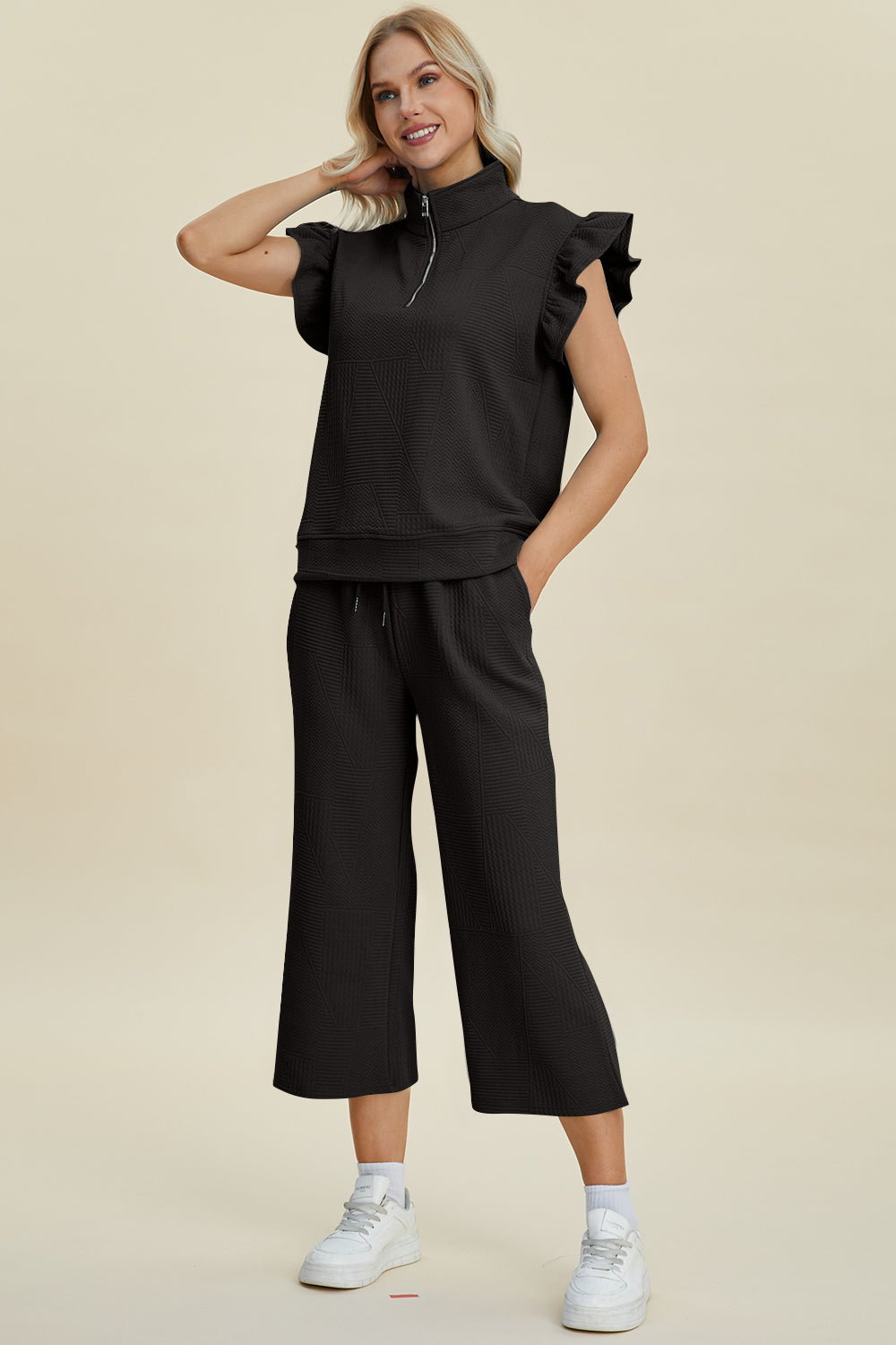 Double Take Full Size Texture Ruffle Short Sleeve Top and Wide Leg Pants Set - RebelReine Apparel & Co.