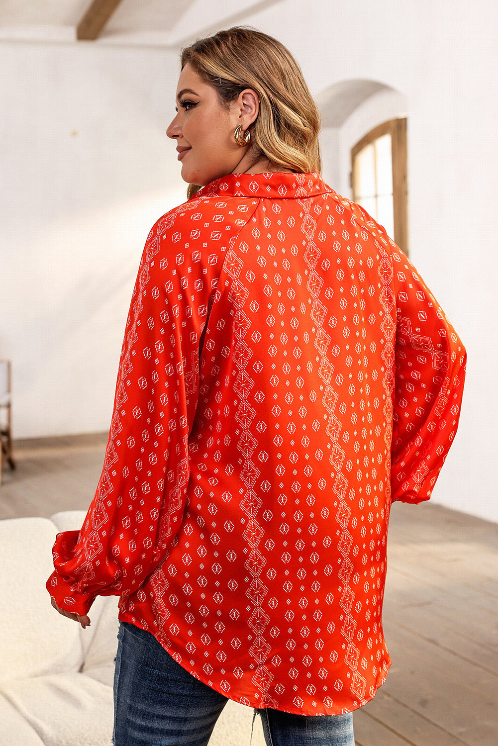 Plus Size Printed Johnny Collar Long Sleeve Blouse - RebelReine Apparel & Co.