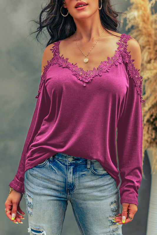 Lace Detail Cold Shoulder Long Sleeve T-Shirt - RebelReine Apparel & Co.