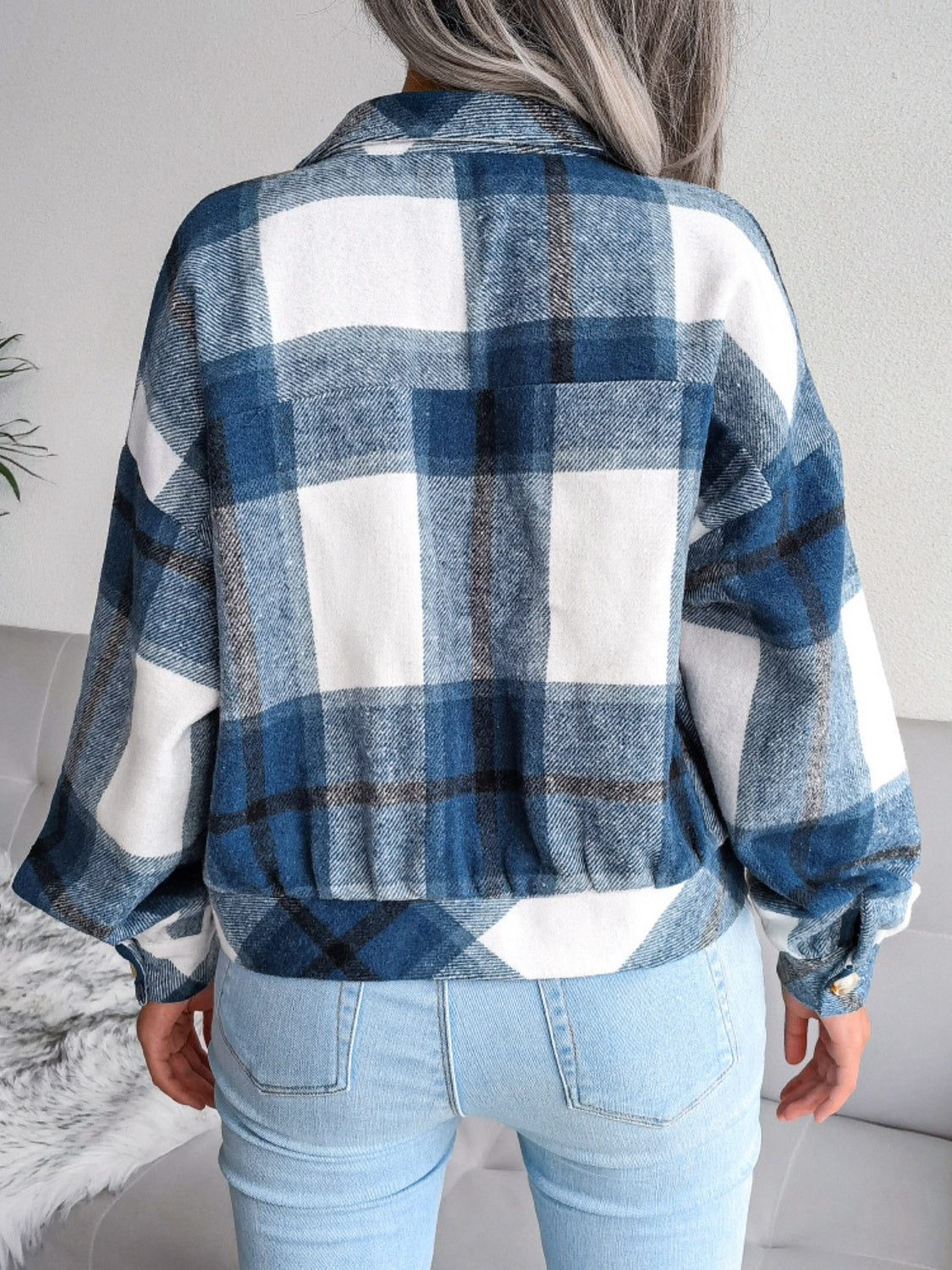 Plaid Collared Neck Long Sleeve Jacket