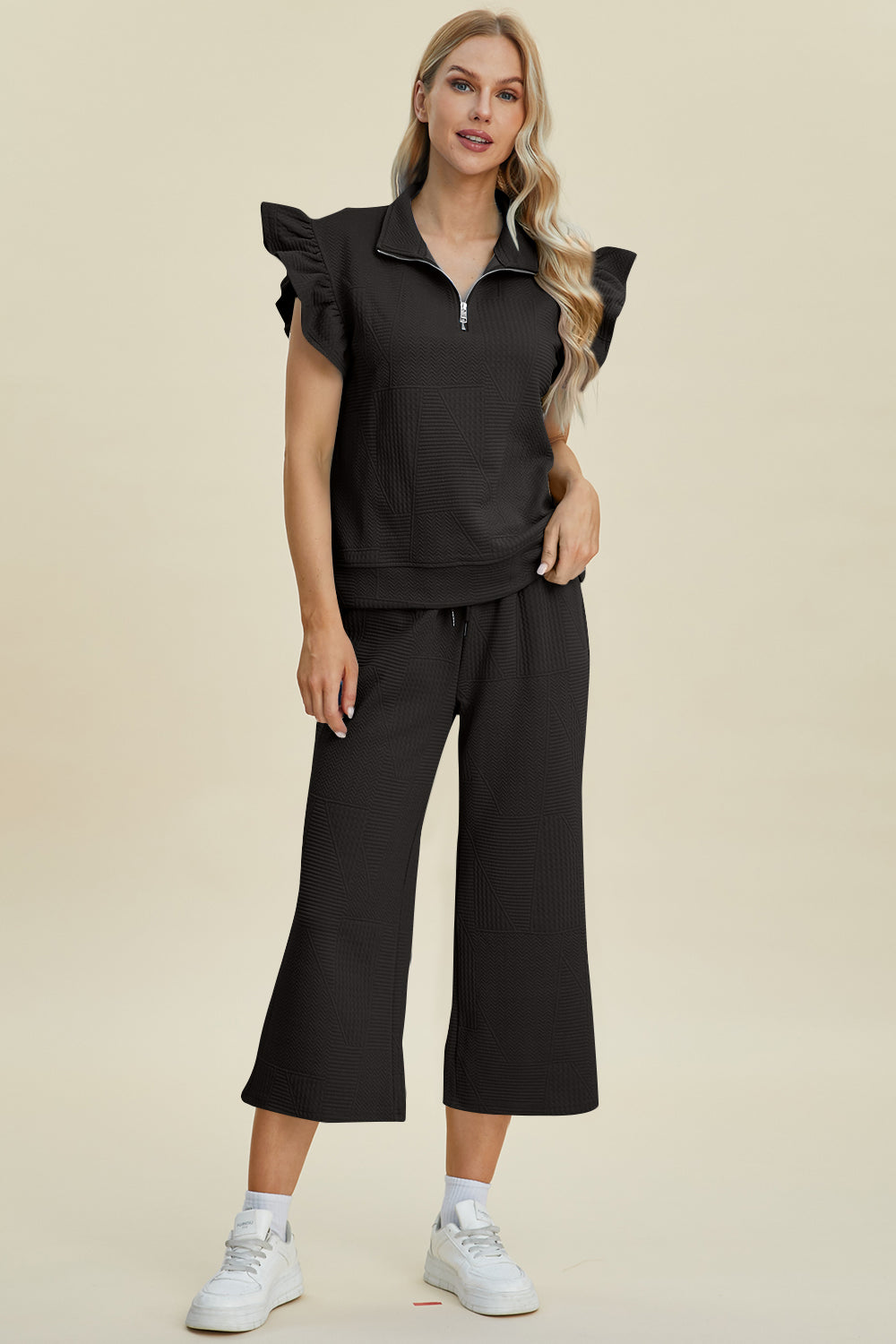 Double Take Full Size Texture Ruffle Short Sleeve Top and Wide Leg Pants Set - RebelReine Apparel & Co.